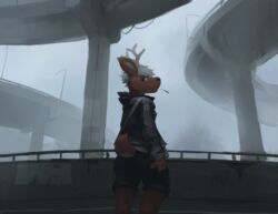  4_fingers anthro antlers ass bottomwear brown_body brown_fur butt_pose cervine clothed clothing deer fingers fog fur hair hi_res highway horn jacket looking_at_viewer male mammal nule outside pose raised_tail rear_view solo standing tail topwear white_hair 