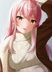  arm_up breasts cable_knit comiket_97 female idolmaster idolmaster_cinderella_girls jacket jougasaki_mika large_breasts lips long_hair looking_at_viewer parted_lips pink_hair sweater tsunenorip turtleneck turtleneck_sweater yellow_eyes 