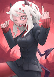  black_jacket blazer blush bright_pupils buttoned_cuffs buttons cave_interior chiyo_maru commentary_request cowboy_shot demon_girl demon_horns demon_tail female hands_up heart heart-shaped_pupils helltaker highres horns jacket long_hair long_sleeves modeus_(helltaker) monochrome_background pantyhose pencil_skirt raised_eyebrow red_background red_eyes red_pantyhose red_sweater ribbed_sweater ring_finger_raised sidelocks skirt solo stalactite stalagmite sweater symbol-shaped_pupils tail tongue tongue_out turtleneck turtleneck_sweater wavy_hair white_hair white_pupils 