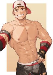  1boy abs armband backwards_hat bandaid bandaid_on_cheek bandaid_on_face bara baseball_cap belt beom_liben biceps blush brown_hair bulge character_request check_copyright commission copyright_request cowboy_shot edging_underwear gauntlets gloves gondom hand_on_own_hip hat highres korean_commentary large_pectorals leather leather_pants looking_at_viewer looking_to_the_side male_focus male_underwear male_underwear_peek mature_male muscular muscular_male navel nipples original pants pectorals red_male_underwear scar scar_on_face short_hair sideburns smile snk solo spiked_hair stomach thick_arms topless_male torn_clothes torn_pants underwear winking_(animated) yellow_eyes 