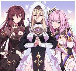  3girls :d aer007580 aponia_(honkai_impact) black_gloves blonde_hair blue_eyes breasts cleavage closed_mouth dress eden_(honkai_impact) elf elysia_(honkai_impact) elysia_(miss_pink_elf)_(honkai_impact) gloves hair_ornament highres honkai_(series) honkai_impact_3rd huge_breasts large_breasts looking_at_viewer multiple_girls nun open_clothes own_hands_together pink_hair pointy_ears purple_dress purple_eyes purple_hair single_glove smile white_dress 