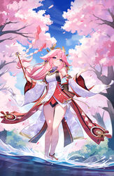  absurdres animal_ears bare_shoulders blue_sky blush breasts cherry_blossoms detached_sleeves earrings female fox_ears genshin_impact hair_ornament highres jewelry lalazyt large_breasts long_hair necklace pendant pink_hair purple_eyes red_skirt sidelocks skirt sky sleeveless solo thighs tree very_long_hair wading water wide_sleeves yae_miko 