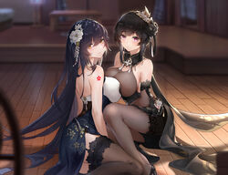  2girls absurdres azuma_(azur_lane) azuma_(soft_voice_of_spring)_(azur_lane) azur_lane backless_outfit bare_shoulders black_dress black_flower black_garter_straps black_hair black_rose bodystocking breast_press breasts check_commentary chen_hai_(azur_lane) chen_hai_(vestibule_of_wonders)_(azur_lane) china_dress chinese_clothes commentary_request dearduam dress elbow_gloves floral_print flower from_behind garter_straps gloves hair_flower hair_ornament high_heels highres lace-trimmed_gloves lace-trimmed_legwear lace_trim large_breasts long_hair multiple_girls official_alternate_costume partial_commentary rose seiza shoulder_tattoo side_slit sitting tattoo taut_clothes taut_dress tight_clothes tight_dress white_flower yellow_eyes 