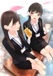  2girls :d absurdres ama_mitsuki artbook ashiyu black_hair black_jacket brown_eyes brown_hair business_suit collared_shirt cup disposable_coffee_cup disposable_cup drinking_straw foot_bath formal highres holding id_card jacket juice_box lanyard long_hair looking_at_another low_twintails multiple_girls office_lady open_mouth original pencil_skirt scan shirt sitting skirt smile soaking_feet steam straight_hair suit suit_jacket teeth twintails water white_shirt 