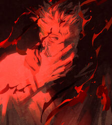  1boy arm_tattoo black_nails blood blood_splatter extra_eyes facial_mark facial_tattoo forehead_mark hand_on_own_face huangdanlan itadori_yuuji jujutsu_kaisen looking_at_viewer male_focus painterly pink_hair red_eyes red_theme ryoumen_sukuna_(jujutsu_kaisen) short_hair solo spiked_hair tattoo undercut upper_body 