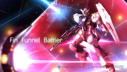  battle beam beam_rifle char&#039;s_counterattack commentary energy_barrier energy_gun energy_shield english_text fin_funnels green_eyes gundam mecha mobile_suit no_humans nu_gundam pixiv_id robot science_fiction serike_w shield signature solo space twitter_username v-fin weapon weapon_name 