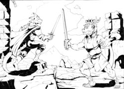  anthro barefoot black_and_white caligae claws crown dragon duo fangs feet fight fire headgear hi_res kobold koviell magic male male/male mane mantle medieval melee_weapon monochrome movie_reference muscular muscular_male mythological_creature mythological_scalie mythology prince prince_borgon royalty ruins scalie scrappyvamp sword tail tail_tuft teeth the_princess_bride tuft weapon 