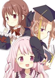  3girls :d ascot beret black_headwear black_ribbon book braid brown_eyes brown_hair commentary_request dot_nose frilled_sleeves frills fur_trim furrowed_brow hair_bobbles hair_ornament hair_ribbon hair_rings hat hat_ribbon head_down highres hiiragi_nemu holding holding_book interlocked_fingers light_blush light_brown_hair long_hair long_sleeves looking_at_viewer looking_away looking_down low_twin_braids magia_record:_mahou_shoujo_madoka_magica_gaiden magical_girl mahou_shoujo_madoka_magica mortarboard multi-tied_hair multiple_braids multiple_girls neck_ribbon open_book open_mouth outline own_hands_clasped own_hands_together parted_bangs pink_eyes pink_hair red_ribbon ribbon sad satomi_touka shade simple_background sleeve_ribbon smile smirk soul_gem swept_bangs tamaki_ui tassel tsubaki_(tatajd) twin_braids upper_body white_ascot white_background white_outline wide_sleeves 