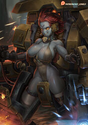  alien armor battlesuit black_gloves blue_skin breasts brown_leotard cleavage colored_skin covered_abs detached_collar english_commentary female gloves grin headgear highres large_breasts leotard mecha medium_hair muscular muscular_female no_nose oerba_yun_fang paid_reward_available piloting plunging_neckline power_armor projectile_trail red_hair revealing_clothes robot sagging_breasts science_fiction sgt_lonely smile solid_eyes solo t&#039;au teeth thick_thighs thigh_strap thighs warhammer_40k yellow_eyes 