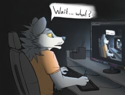  2021 adobe adobe_photoshop_(artwork) adobe_photoshop_(copyright) anthro canid canine canis clothing confusion ctahrpoe dark desk dialogue digital_media_(artwork) drawing drawing_in_a_drawing drawing_tablet droste_effect electronics english_text fluffy fur furniture grey_body grey_fur hi_res keyboard male mammal meme microsoft microsoft_windows monitor night open_mouth recursion shirt sitting solo speech_bubble surprise surprised_expression surreal t-shirt table text topwear white_body white_fur window_(computing) windows_10 wolf 