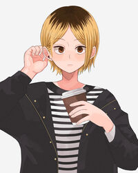  1610aoi 1boy adjusting_hair black_jacket blonde_hair brown_eyes cup disposable_cup grey_background haikyuu!! highres holding holding_cup jacket kozume_kenma looking_at_viewer male_focus multicolored_hair shirt simple_background solo striped_clothes striped_shirt two-tone_hair 