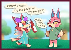  animal_crossing anthro audie_(animal_crossing) border canid canine canis clothed clothing command conjoined_speech_bubble cute_fangs dialogue duo element_drop_shadow english_text eyewear eyewear_on_head fangs female food freya_(animal_crossing) glasses humor ketchup ketchup_bottle mammal name_drop name_in_dialogue nintendo r-mk red_border speech_bubble speech_bubble_drop_shadow standing sunglasses sunglasses_on_head talking_to_another teeth text wolf 