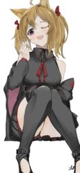  ;d absurdres ahoge animal_ear_fluff animal_ears arknights black_jacket black_panties black_shirt black_skirt black_thighhighs blonde_hair blush breasts collared_shirt feet_out_of_frame female highres invisible_chair jacket kajuu large_breasts long_sleeves looking_at_viewer miniskirt off_shoulder one_eye_closed open_clothes open_jacket open_mouth panties pantyshot purple_eyes shirt short_hair short_twintails signature sitting skirt smile solo sora_(arknights) thighhighs twintails underwear upskirt wolf_ears 