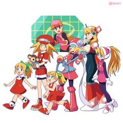  6+girls alia_(mega_man) android animal blonde_hair blue_eyes bodysuit brown_gloves cabbie_hat ciel_(mega_man) commentary cropped_jacket data_(mega_man) dress dual_persona english_commentary gloves green_eyes green_ribbons hair_between_eyes hair_ribbon harp_note_(mega_man) hat headgear helmet high_ponytail holding holding_animal jacket lareindraws long_hair mega_man_(classic) mega_man_(series) mega_man_battle_network_(series) mega_man_legends_(series) mega_man_star_force mega_man_x_(series) mega_man_zero_(series) microphone monkey multiple_girls netnavi open_mouth pantyhose pink_bodysuit ponytail red_dress red_headwear red_jacket red_shorts ribbon roll.exe_(mega_man) roll_(mega_man) roll_caskett_(mega_man) shorts skirt smile standing walking white_gloves 