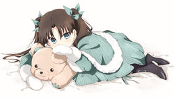  aqua_bow aqua_capelet aqua_dress bad_id bad_pixiv_id bed_sheet black_footwear blue_eyes boots bow brown_hair capelet dress fate/zero fate_(series) female fur-trimmed_capelet fur_trim gloves hair_between_eyes hair_intakes hairbow highres kana090601 lolicon long_hair mittens simple_background solo striped_capelet striped_clothes striped_dress stuffed_animal stuffed_toy teddy_bear tohsaka_rin tohsaka_rin_(march_of_the_saints) twintails vertical-striped_clothes vertical-striped_dress very_long_hair white_background white_gloves 