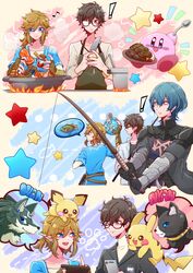  2022 alien ambiguous_gender apron atlus black_hair blonde_hair blue_eyes blush byleth_(fire_emblem) canid canine canis clothing cooking crossover ear_piercing ear_ring english_text exclamation_point eyewear feral fingerless_gloves fire_emblem fishing_rod food fur generation_1_pokemon generation_2_pokemon glasses gloves group hair handwear hi_res holding_object human humanoid humanoid_pointy_ears hylian kirby kirby_(series) kitchen_utensils knife kylatpo101 link male mammal megami_tensei megami_tensei_persona morgana_(persona) nintendo open_mouth open_smile persona_(series) persona_5 pichu pictographics piercing pikachu pokemon pokemon_(species) ren_amamiya ring_piercing sega smile speech_bubble super_smash_bros. text the_legend_of_zelda tools waddling_head wolf wolf_link 