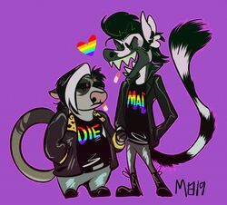  alternative_fashion anthro australian_possum boyfriends cigarette clothing duo ears_down eye_spots fangs hair half-closed_eyes hand_holding heart_symbol izzy_(cadaverrdog) jacket leather leather_clothing leather_jacket leather_topwear lemur lgbt_pride love male male/male mammal mangybones markings marsupial multicolored_clothing multicolored_hair multicolored_shirt multicolored_topwear narrowed_eyes open_mouth open_smile petaurid pivoted_ears pride_color_accessory pride_color_clothing pride_color_shirt pride_color_text pride_color_topwear pride_colors pride_heart primate punk purple_background rainbow_heart rainbow_pride_clothing rainbow_pride_colors rainbow_symbol rainbow_text ring-tailed_lemur ring_(marking) ringed_tail robbie_(mangeybones) romantic romantic_couple sharp_teeth shirt simple_background six-stripe_rainbow_pride_colors smile smoking smoking_tobacco strepsirrhine striped_markings striped_tail stripes sugar_glider tail tail_markings teeth text topwear two_tone_hair 