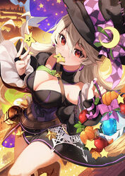  black_dress blush breasts corrin_(female)_(fire_emblem) corrin_(female)_(halloween)_(fire_emblem) corrin_(fire_emblem) dress earrings female fire_emblem fire_emblem_fates fire_emblem_heroes halloween halloween_costume hat highres jewelry large_breasts long_dress long_hair looking_at_viewer nakabayashi_zun official_alternate_costume pointy_ears red_eyes smile solo white_hair witch witch_hat 