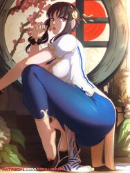  ass ballet_slippers big_ass big_breasts brown_hair chun-li chun-li_(cosplay) cosplay crossover_cosplay crouching female female_only leggings on_tiptoe opalisart side_view sideboob slim_waist spy_x_family street_fighter street_fighter_6 thick_thighs tight_clothes tight_clothing tight_fit tight_pants tiptoes wide_hips yor_briar 