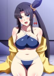  bare_shoulders bikini black_hair blue_bikini blue_eyes blush breasts collarbone fate/grand_order fate_(series) female hair_bun hara_(harayutaka) highres jacket large_breasts long_hair long_sleeves looking_at_viewer navel off_shoulder open_clothes open_jacket open_mouth side_ponytail single_hair_bun single_side_bun sitting smile stomach swimsuit thighs ushiwakamaru_(fate) ushiwakamaru_(swimsuit_assassin)_(fate) ushiwakamaru_(swimsuit_assassin)_(first_ascension)_(fate) very_long_hair yellow_jacket 