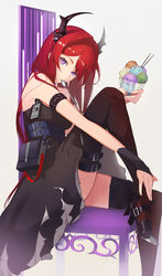  arknights bare_shoulders belt black_dress black_footwear black_gloves black_thighhighs breasts chair cup dress female fingerless_gloves food gloves high_heels highres holding holding_cup horns ice_cream ice_cream_spoon id_card infection_monitor_(arknights) knee_up long_hair looking_at_viewer looking_to_the_side pouch purple_eyes red_hair sidelocks single_glove sitting sleeveless sleeveless_dress small_breasts solo spoon sundae surtr_(arknights) thighhighs torn_clothes torn_dress utensil_in_mouth yakupan 