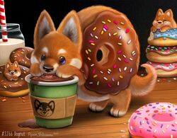  2023 ambiguous_gender beady_eyes beverage blue_eyes brown_body brown_fur canid canine canis closed_eyes coffee comically_large_object container cup dessert detailed detailed_food digital_media_(artwork) digital_painting_(artwork) domestic_dog doughnut drinking drinking_straw feral food food_creature frosting fur group herding_dog humor jar mammal milk pastoral_dog pastry piper_thibodeau pun sprinkles tan_body tan_fur text trio visual_pun welsh_corgi 