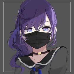  asahina_mafuyu black_background black_choker black_mask black_neckerchief black_sailor_collar black_shirt blue_eyes blue_neckerchief choker commentary_request female glint high_ponytail long_hair looking_at_viewer mask mouth_mask neckerchief pappi_chan ponytail portrait profile_picture project_sekai protected_link purple_hair sailor_collar shirt solo 