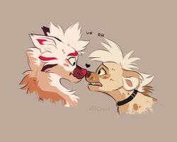  2021 black_collar blush blush_lines brown_hyena collar digital_drawing_(artwork) digital_media_(artwork) duo english_text febzhyena_(kitchiki) feral flat_colors fur hair heart_symbol hyena june_(prismpaws) kitchiki mammal open_mouth red_blush romantic romantic_couple simple_background spotted_hyena tan_background tan_body tan_fur teeth text tongue uhoh white_body white_fur 