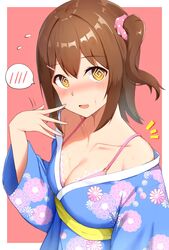  @_@ blue_kimono blush bra breasts brown_hair check_commentary cleavage collarbone commentary_request female floral_print flying_sweatdrops hair_between_eyes hair_ornament hairclip hand_up highres idolmaster idolmaster_million_live! idolmaster_million_live!_theater_days japanese_clothes karua_(karua23) kasuga_mirai kimono lace-trimmed_bra lace_trim long_sleeves looking_at_viewer medium_breasts medium_hair notice_lines parted_lips pink_background pink_bra pink_scrunchie print_kimono sash scrunchie side_ponytail sidelocks solo spoken_blush sweat underwear upper_body yellow_eyes yellow_sash yukata 