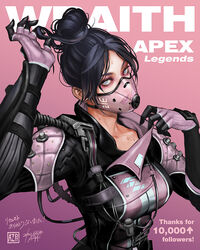  apex_legends az_pt black_hair breasts character_name collarbone copyright_name dated female gloves grey_eyes hair_bun head_tilt highres jacket mask medium_breasts milestone_celebration mouth_mask official_alternate_costume pink_background pink_gloves pink_jacket pink_mask realistic see-through see-through_mask single_hair_bun solo sweat upper_body void_specialist_wraith wraith_(apex_legends) 