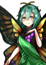  antennae aqua_hair bad_anatomy bad_arm butterfly_wings closed_mouth dress eternity_larva fairy female green_dress hair_between_eyes highres insect_wings leaf leaf_on_head multicolored_clothes multicolored_dress one-hour_drawing_challenge short_hair short_sleeves simple_background smile solo takena-c touhou upper_body white_background wings yellow_eyes 