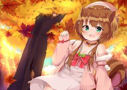  animal_ears autumn ayunda_risu ayunda_risu_(1st_costume) bad_id bad_pixiv_id blue_eyes blush breasts brown_hair cleavage commentary female hat hololive hololive_indonesia jacket leaf long_hair looking_at_viewer low_twintails narucchii open_mouth solo squirrel_ears squirrel_girl squirrel_tail tail tree twintails virtual_youtuber 