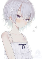  :o bare_shoulders black_bow blush bow capriccio collarbone commentary dress female flower grey_eyes grey_hair hair_between_eyes hair_flower hair_ornament original parted_lips short_hair simple_background sleeveless sleeveless_dress solo translated upper_body white_background white_dress white_flower 