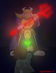  absurd_res abuse anthro anthro_dominating_human armor asgore_dreemurr barefoot beard blonde_beard blonde_facial_hair blonde_hair blonde_mustache bodily_fluids boss_monster_(undertale) bovid cape caprine child_abuse clothed clothing dark dominant dominant_anthro duo facial_hair feet fight fur glowing glowing_weapon gold_(metal) hair hi_res horn human human_on_anthro imminent_death interspecies king light long_ears magic_user male mammal mature_anthro mature_male moustache obscured_eyes peril projectdreameryt purple_cape purple_clothing royalty shadowed_eyes simple_background size_difference soul_(undertale) submissive submissive_human undertale undertale_(series) white_body white_fur 