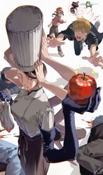  absurdres apron arthropod_limbs black_gloves black_hair blood blood_drip blood_from_eyes blood_from_mouth braid braided_ponytail breasts chainsaw_man chef chef_hat closed_eyes commentary denji_(chainsaw_man) disembodied_head elbow_gloves extra_arms falling_devil_(chainsaw_man) flat_top_chef_hat fourth_east_high_school_uniform gloves hair_over_one_eye hat highres holding_head kyuuba_melo long_arms medium_hair multiple_girls nayuta_(chainsaw_man) nosebleed parody pochita_(chainsaw_man) pokemon ringed_eyes school_uniform severed_head short_hair sweater symbol-only_commentary waist_apron white_background yellow_eyes 