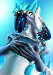  2023 5_fingers absurd_res ankh anthro armor_only black_visor blue_background blue_body blue_ears blue_fur blue_light corbin_(roscy) digital_media_(artwork) digital_painting_(artwork) duo fingers fur grey_horn hi_res horn hug machine male nude protogen protogen_visor saber_(felixwolf30) simple_background symbol symbolism white_body white_ears white_fur 