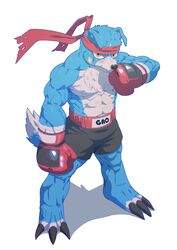  abs absurd_res accessory anthro anthrofied bandai_namco blue_body blue_fur bottomwear boxing_gloves claws clothing digimon digimon_(species) fur gaomon handwear headband hi_res male muscular muscular_anthro muscular_male nipples pecs shirtless shorts solo soonsky_kumu yellow_eyes 