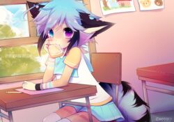  2017 akari_(oncha) animal_humanoid arm_support arms_bent bent_legs bottomwear chair classroom clothed clothing crossdressing desk detailed_background drawing femboy fully_clothed furgonomics furniture heterochromia humanoid inside internal_wall knees_together leaning_on_desk leaning_on_edge leaning_on_elbow leaning_on_furniture legs_over_edge male mammal mammal_humanoid mouth_hold oncha over_edge paper pencil_(object) school school_desk shirt sitting skirt solo t-shirt table tail tail_through_skirt text topwear url wall_(structure) window writing_utensil 