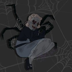  1:1 animal_humanoid arachnid arachnid_humanoid arthropod arthropod_humanoid black_eyes blonde_hair blue_body blue_skin clothing crypt_tv dress fangs female hair humanoid miss_annity multi_eye spider spider_humanoid spider_web usagi-kinnie 