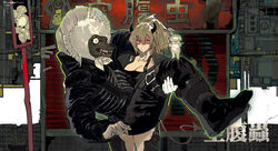  1boy :d adult_baby apron black_apron black_jumpsuit blonde_hair bonnet breasts caiman_(dorohedoro) carrying chaps cleavage creature day demon_girl demon_horns demon_tail dorohedoro dumpling female food furry furry_male gyoza_man highres horns jiaozi jumpsuit light_brown_hair lizardman long_hair nano_(c175311) nikaidou_(dorohedoro) object_head outdoors plant potted_plant princess_carry red_eyes smile spoilers standing storefront surprised tail wide-eyed 