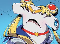  animalization bishoujo_senshi_sailor_moon bishoujo_senshi_sailor_moon_s blonde_hair blue_background blue_eyes blue_sailor_collar blush choker commentary d: derivative_work diadem dress eyelashes fangs female hair_ornament hair_over_shoulder hammerhead_shark heart heart_choker long_hair looking_at_viewer meme no_humans open_mouth parted_bangs pikat red_choker sailor_collar sailor_dress sailor_moon sailor_moon_redraw_challenge_(meme) sailor_senshi_uniform school_uniform screenshot_redraw serafuku shark shark_girl sharp_teeth shirt short_sleeves signature solo sweat sweatdrop teeth tsukino_usagi twintails upper_body watermark web_address white_shirt 