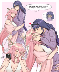  2girls absurdres alternate_costume ankie_(ankys_) blush breasts cleavage credit_card english_text genshin_impact glasses highres kissing lipstick_mark long_hair long_sleeves multiple_girls pants pink_hair purple_eyes purple_hair raiden_shogun raiden_shogun_(2nd_anniversary) shawl sweatpants wife_and_wife yae_miko yae_miko_(2nd_anniversary) yuri 