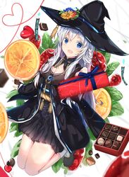  :d bad_id bad_pixiv_id black_coat black_footwear black_hat black_kimono black_skirt blue_bow blue_eyes blue_flower bow box box_of_chocolates braid breasts chocolate cleavage coat crossed_bangs cube_hair_ornament detached_collar dice_hair_ornament female floating flower food fruit gem grey_hair hair_ornament hat hat_flower heart heart_of_string highres holding holding_box japanese_clothes jewelry kimono long_hair long_sleeves looking_at_viewer mint na_kyo necklace off-shoulder_coat off_shoulder open_mouth orange_(fruit) orange_slice outstretched_hand pleated_skirt ribbon-trimmed_sleeves ribbon_trim rope shiki_no_akari shoes skirt smile socks solo strawberry string string_of_fate talisman tomoshibi_no_majo valentine very_long_hair white_socks wide_sleeves witch witch_hat yellow_flower 