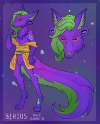  anthro canid canine closed_eyes clothed clothing deanwolfwood digital_media_(artwork) fortune_teller fur gaugein gypsy hair hi_res magic magic_user male mammal model_sheet multi_eye purple_body purple_fur simple_background solo spiritual witch 