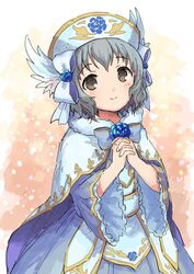  blue_dress bow brown_eyes cape dress female frilled_sleeves frills furorida grey_hair hat idolmaster idolmaster_cinderella_girls mole mole_under_eye narumiya_yume own_hands_clasped own_hands_together short_hair smile solo wide_sleeves 