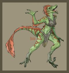  2020 bottomwear breasts clothing dinosaur dromaeosaurid extinct feathers female hi_res loincloth non-mammal_breasts prehistoric_species priscillasheep reptile scalie solo stripes theropod tribal uthalla velociraptor 