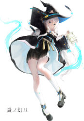  bad_id bad_pixiv_id bare_shoulders black_footwear black_gloves black_hat black_skirt blue_flower braid bridal_gauntlets coat copyright_name cube_hair_ornament detached_collar dice_hair_ornament expressionless female flower full_body gem gloves hair_ornament hand_on_headwear haori_io hat hat_flower highres holding holding_lantern jewelry lantern long_hair long_sleeves looking_at_viewer magic necklace off-shoulder_coat off_shoulder pleated_skirt ribbon-trimmed_coat ribbon-trimmed_sleeves ribbon_trim shiki_no_akari shoes simple_background skirt socks solo talisman tomoshibi_no_majo two-sided_fabric two-sided_headwear very_long_hair white_background white_hair white_socks wide_sleeves witch witch_hat yellow_flower 