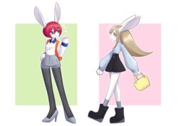  2020 anthro boots bottomwear clothing duo female footwear fur green_eyes hair handbag high_heels lagomorph leporid mammal rabbit red_hair shirt short_hair shorts simple_background smile topwear unousaya white_body white_fur 