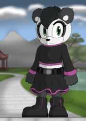  absurd_res bear belt black_body black_clothing black_fur black_hair blurred_background boots clothing cloud darknetic detailed_background female feng_the_panda_(darknetic) footwear fur giant_panda green_eyes hair hi_res magenta_clothing mammal mountain pagoda plant sega shaded smile solo sonic_the_hedgehog_(series) tree white_body white_fur 