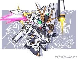  bazooka_(gundam) beam beam_rifle blue_eyes char&#039;s_counterattack character_name chibi colored_sclera commentary dated energy_gun english_text fin_funnels firing full_body funnels_(gundam) green_sclera gundam launching looking_at_viewer mecha mobile_suit no_humans nu_gundam robot science_fiction sd_gundam shield shokkaa_(shmz61312) thrusters twitter_username v-fin weapon 